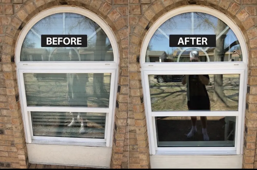 Before and after of an arched home window, streaky then spotless
