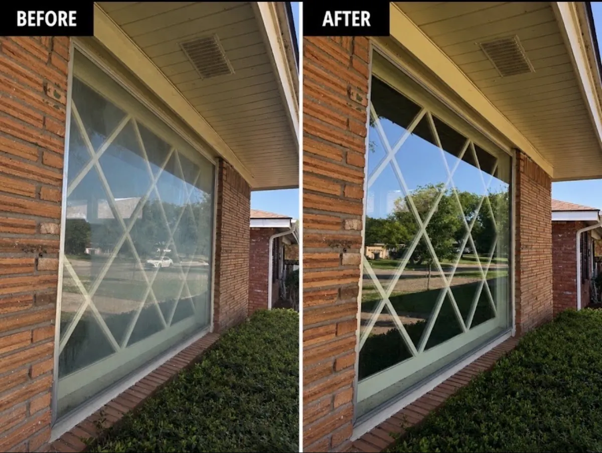Before and after: a diamond-pane picture window in Wichita Falls, hazy on the left and perfectly clear on the right