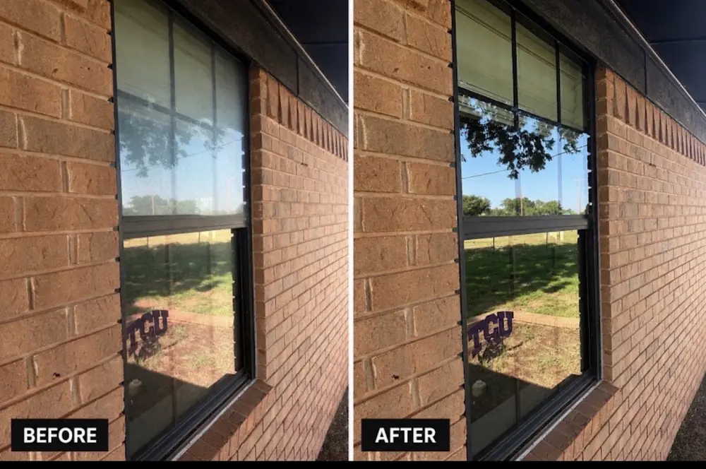 Before and after of a commercial window, dusty then clear